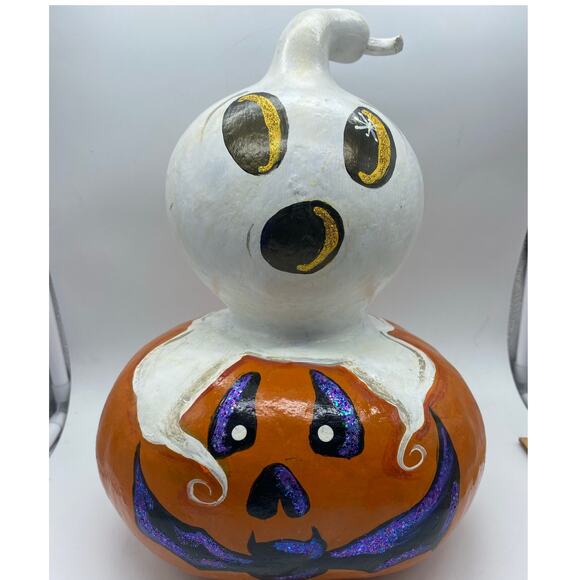 Hand painted Halloween Ghost‎ Pumpkin Gourd Art the Happy Pumpkin signed - Picture 1 of 8